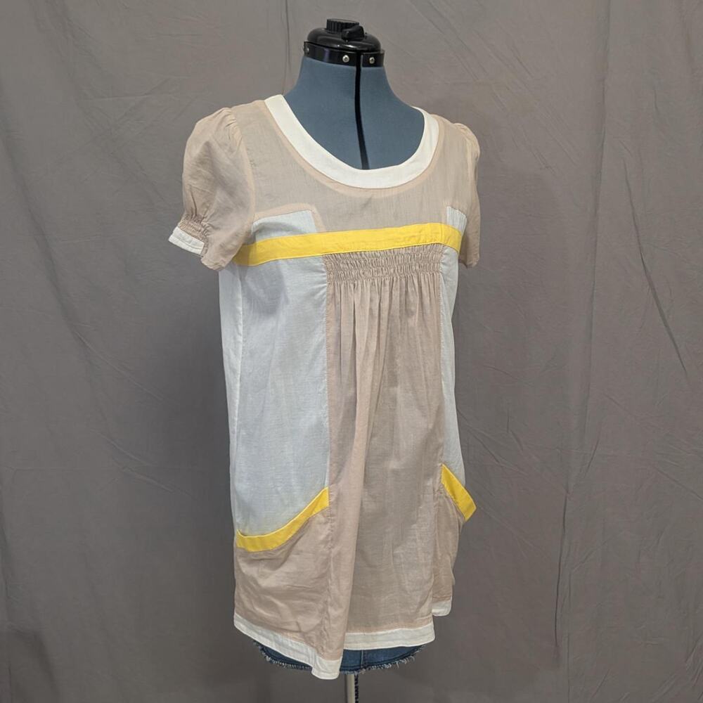 Colorblock beige yellow white 100% cotton short‑sleeve tunic by twentyone size M